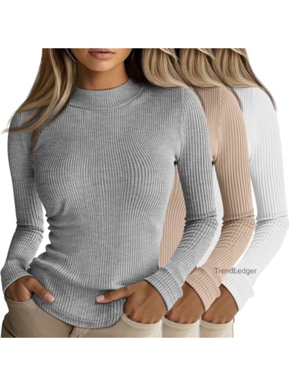 Ribbed Mock Neck Long Sleeve Stretch Slim Fit T-Shirt